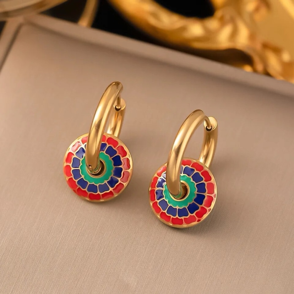 New Gold Bohemian Enamel Colored Disc Chunky Necklace & Huggie Hoop Earrings - Picture 4 of 10